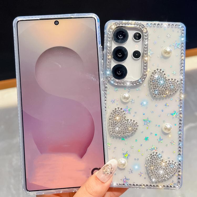 Custodia per telefono antiurto con cuore di perle e glitter di diamanti, con quattro angoli rinforzati., For Samsung Galaxy S24 FE 5G, For Samsung Galaxy A15 5G, For Samsung Galaxy A55 5G, For Samsung Galaxy A35 5G