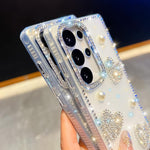 Custodia per telefono antiurto con cuore di perle e glitter di diamanti, con quattro angoli rinforzati., For Samsung Galaxy S24 FE 5G, For Samsung Galaxy A15 5G, For Samsung Galaxy A55 5G, For Samsung Galaxy A35 5G