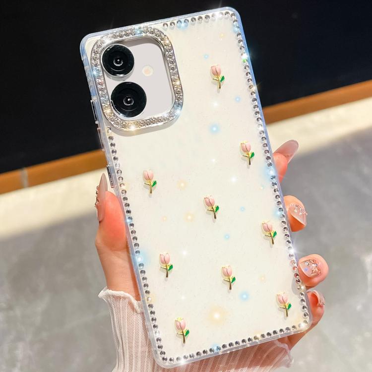 Custodia per telefono antiurto a quattro angoli con tulipani 3D glitterati e strass, For Samsung Galaxy A07 5G, For Samsung Galaxy A17 5G, For Samsung Galaxy A56 5G, For Samsung Galaxy A26 5G