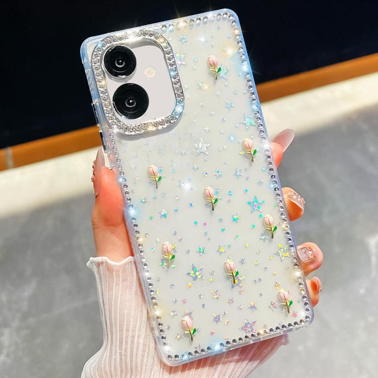 Custodia per telefono antiurto a quattro angoli con tulipani 3D glitterati e strass, For Samsung Galaxy A07 5G, For Samsung Galaxy A17 5G, For Samsung Galaxy A56 5G, For Samsung Galaxy A26 5G