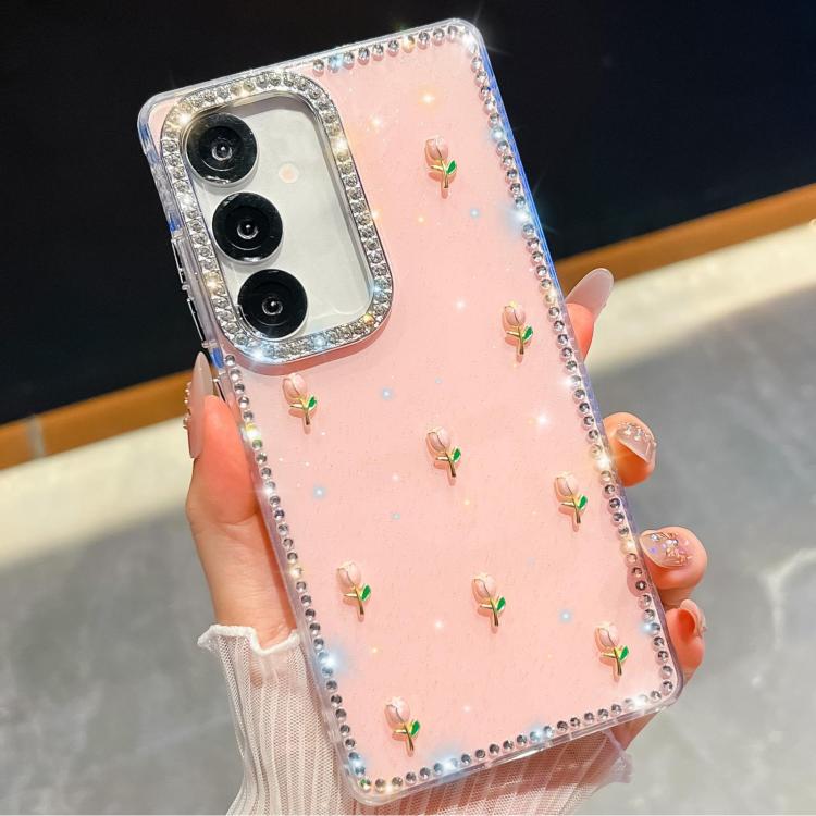 Custodia per telefono antiurto a quattro angoli con tulipani 3D glitterati e strass, For Samsung Galaxy A07 5G, For Samsung Galaxy A17 5G, For Samsung Galaxy A56 5G, For Samsung Galaxy A26 5G