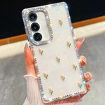 Custodia per telefono antiurto a quattro angoli con tulipani 3D glitterati e strass, For Samsung Galaxy A36 5G, For Samsung Galaxy S25 5G, For Samsung Galaxy S25+ 5G, For Samsung Galaxy S25 Ultra 5G