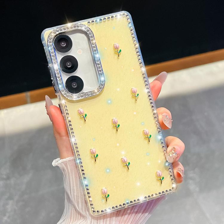 Custodia per telefono antiurto a quattro angoli con tulipani 3D glitterati e strass, For Samsung Galaxy A36 5G, For Samsung Galaxy S25 5G, For Samsung Galaxy S25+ 5G, For Samsung Galaxy S25 Ultra 5G