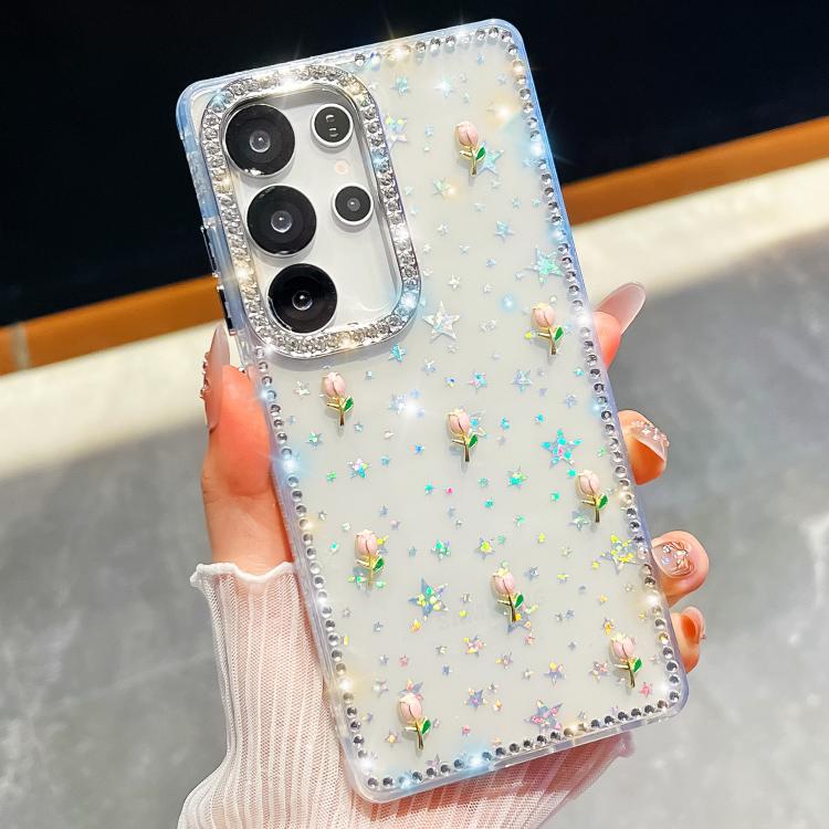 Custodia per telefono antiurto a quattro angoli con tulipani 3D glitterati e strass, For Samsung Galaxy A36 5G, For Samsung Galaxy S25 5G, For Samsung Galaxy S25+ 5G, For Samsung Galaxy S25 Ultra 5G