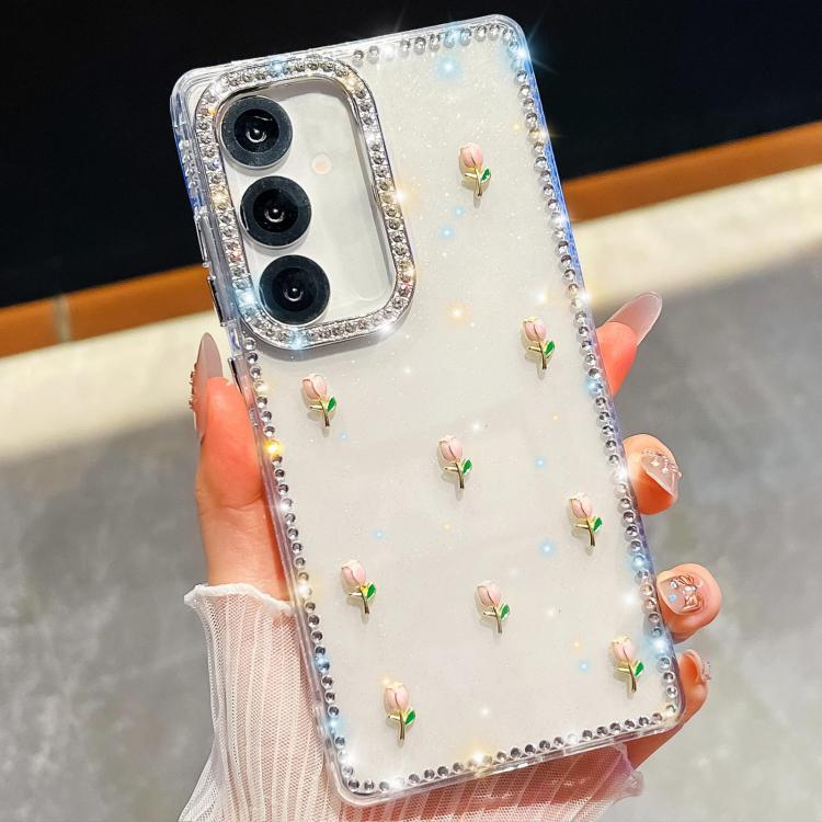 Custodia per telefono antiurto a quattro angoli con tulipani 3D glitterati e strass, For Samsung Galaxy A16 5G, For Samsung Galaxy S24 FE 5G, For Samsung Galaxy A15 5G, For Samsung Galaxy A55 5G