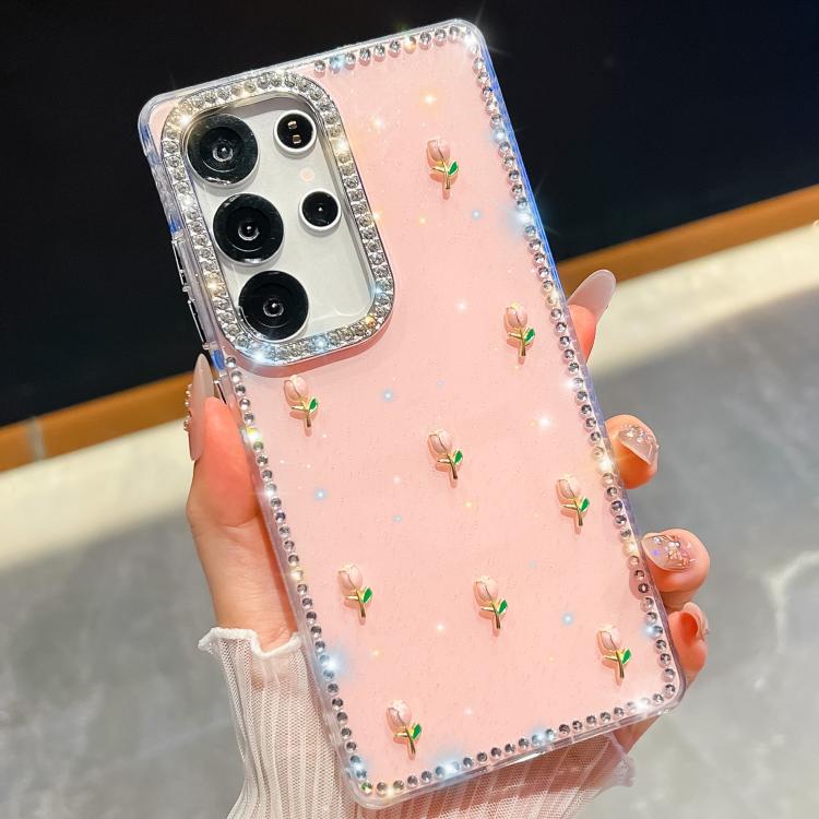 Custodia per telefono antiurto a quattro angoli con tulipani 3D glitterati e strass, For Samsung Galaxy S23 Ultra 5G