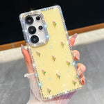 Custodia per telefono antiurto a quattro angoli con tulipani 3D glitterati e strass, For Samsung Galaxy S23 Ultra 5G