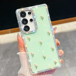 Custodia per telefono antiurto a quattro angoli con tulipani 3D glitterati e strass, For Samsung Galaxy S23 Ultra 5G