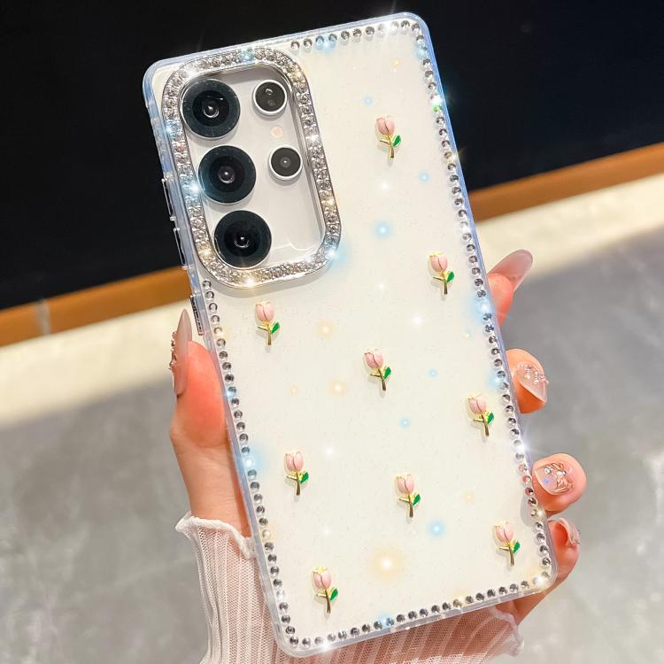 Custodia per telefono antiurto a quattro angoli con tulipani 3D glitterati e strass, For Samsung Galaxy S23 Ultra 5G