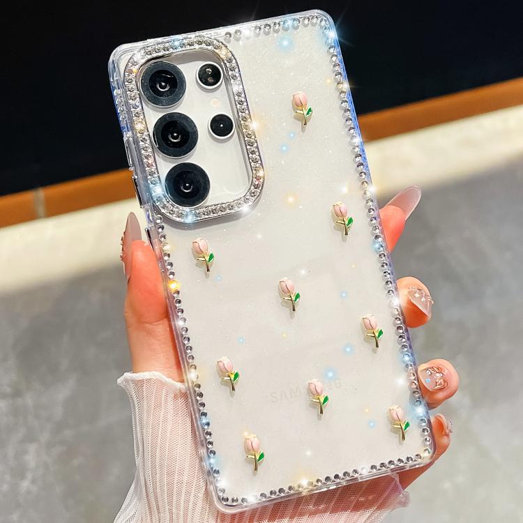 Custodia per telefono antiurto a quattro angoli con tulipani 3D glitterati e strass, For Samsung Galaxy S23 Ultra 5G