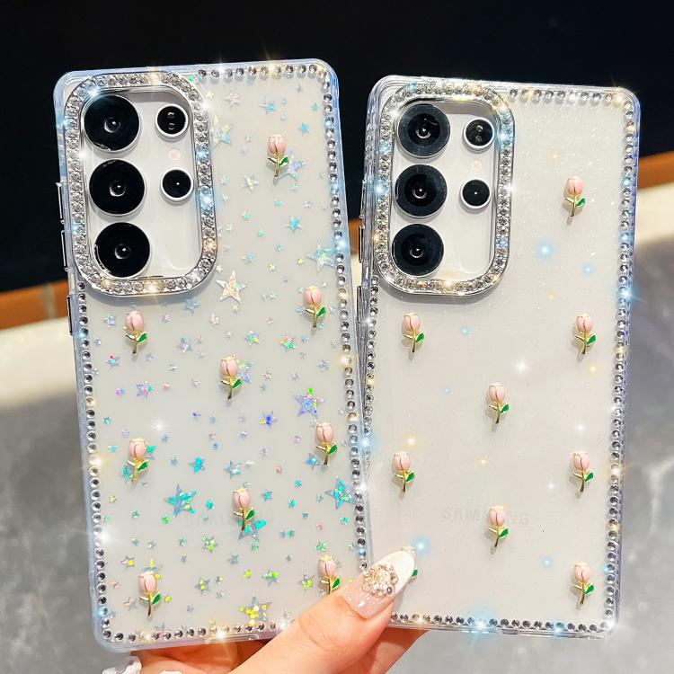 Custodia per telefono antiurto a quattro angoli con tulipani 3D glitterati e strass, For Samsung Galaxy A07 5G, For Samsung Galaxy A17 5G, For Samsung Galaxy A56 5G, For Samsung Galaxy A26 5G