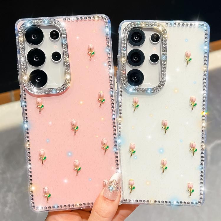Custodia per telefono antiurto a quattro angoli con tulipani 3D glitterati e strass, For Samsung Galaxy S23 Ultra 5G