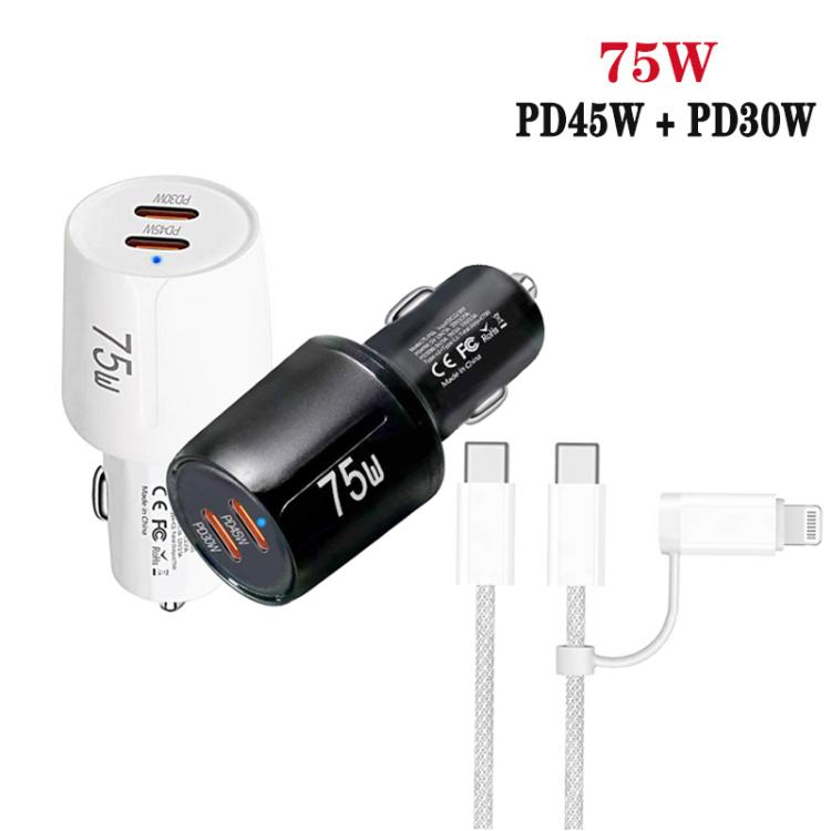 Caricabatterie da auto TE-P66 da 75 W con doppia porta Type-C e ricarica rapida, completo di cavo dati da Type-C a Type-C / 8 pin., TE-P66 with Cable