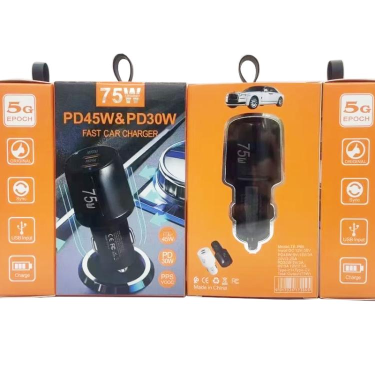 Caricabatterie da auto TE-P66 da 75 W con doppia porta Type-C e ricarica rapida, completo di cavo dati da Type-C a Type-C / 8 pin., TE-P66 with Cable