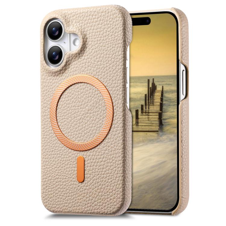 Cover posteriore per telefono in PU con texture litchi e MagSafe spazzolato., For iPhone 16, For iPhone 15 Pro Max, For iPhone 15 Pro