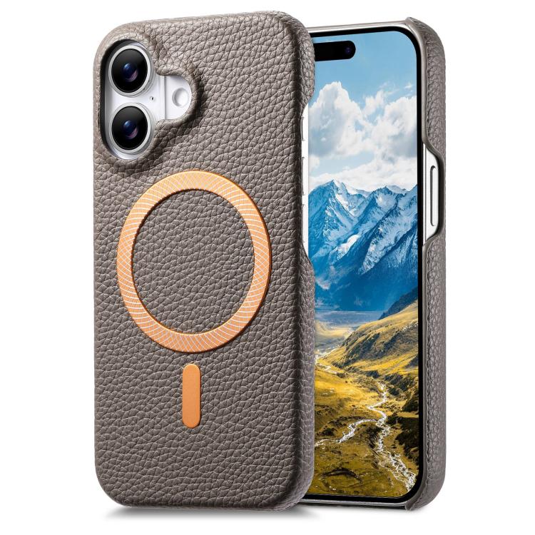 Cover posteriore per telefono in PU con texture litchi e MagSafe spazzolato., For iPhone 16, For iPhone 15 Pro Max, For iPhone 15 Pro