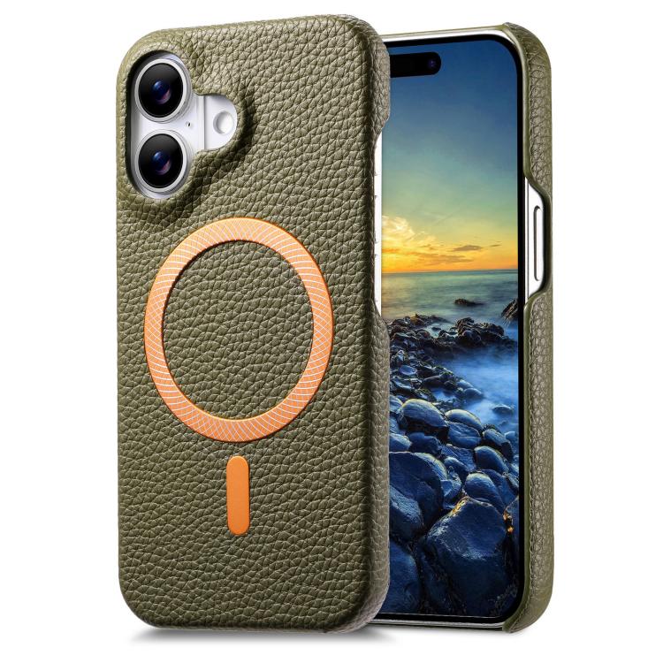 Cover posteriore per telefono in PU con texture litchi e MagSafe spazzolato., For iPhone 16 Pro Max, For iPhone 16 Pro, For iPhone 16 Plus