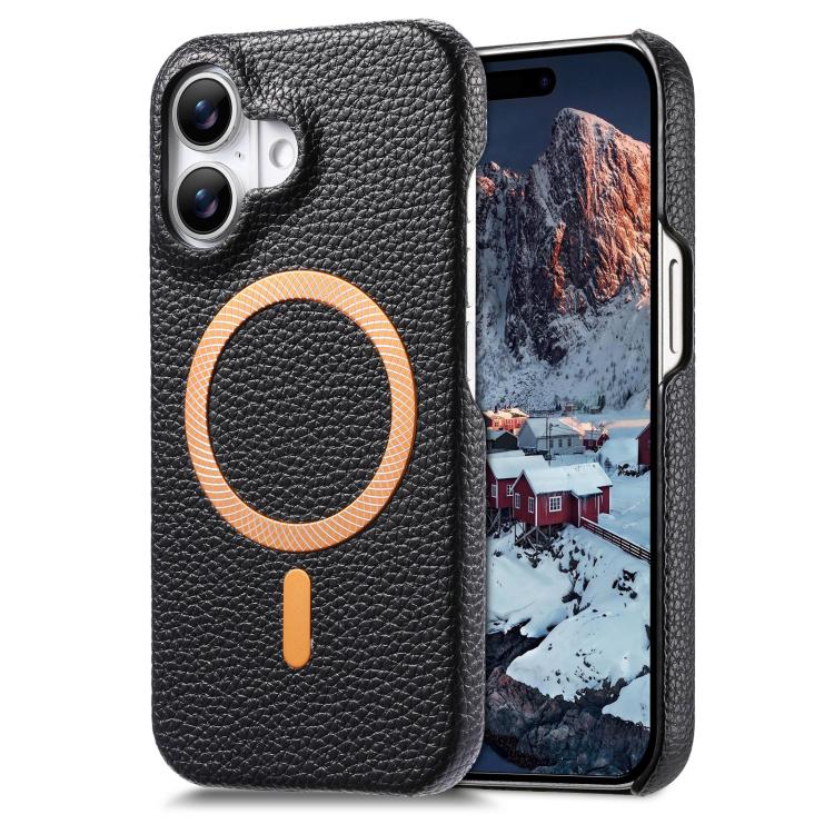 Cover posteriore per telefono in PU con texture litchi e MagSafe spazzolato., For iPhone 16 Pro Max, For iPhone 16 Pro, For iPhone 16 Plus
