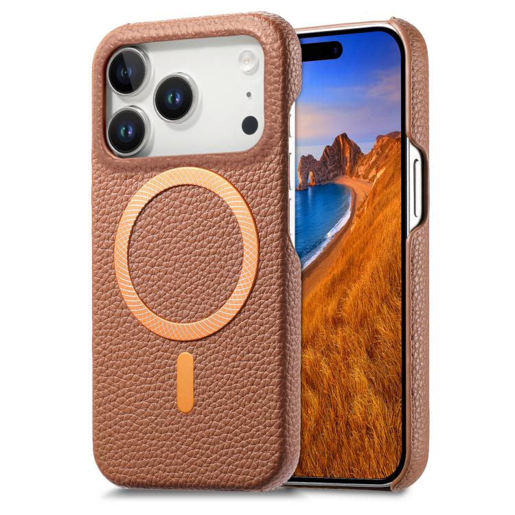 Cover posteriore per telefono in PU con texture litchi e MagSafe spazzolato., For iPhone 17 Pro Max, For iPhone 17 Pro, For iPhone 17