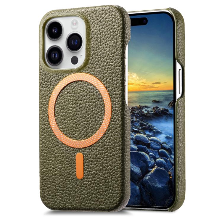 Cover posteriore per telefono in PU con texture litchi e MagSafe spazzolato., For iPhone 16, For iPhone 15 Pro Max, For iPhone 15 Pro