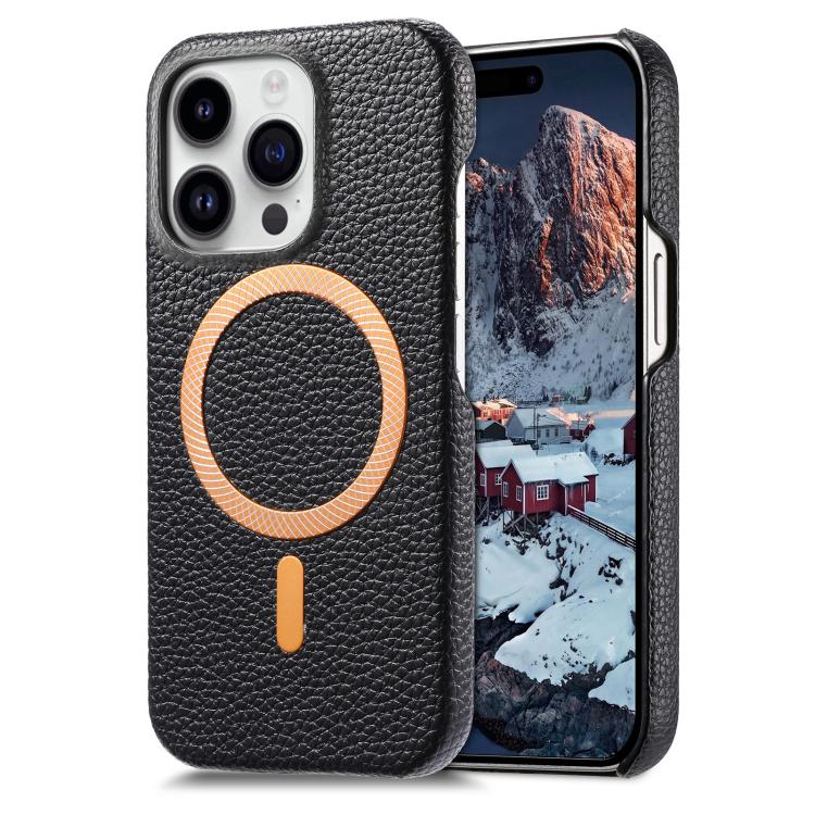 Cover posteriore per telefono in PU con texture litchi e MagSafe spazzolato., For iPhone 15 Plus, For iPhone 15, For iPhone 14 Plus