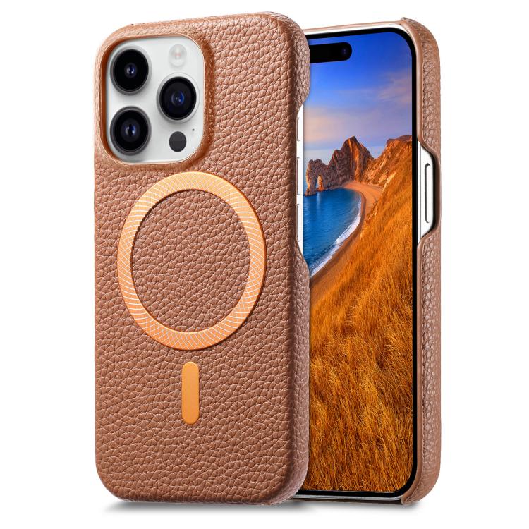 Cover posteriore per telefono in PU con texture litchi e MagSafe spazzolato., For iPhone 15 Plus, For iPhone 15, For iPhone 14 Plus
