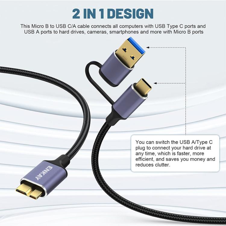 Cavo dati ENKAY 2 in 1 da USB 3.0 / Type-C a USB 3.0 Micro-B 5 Gbps per fotocamera e hard disk, 0.5m, 1m, 1.5m, 0.25m