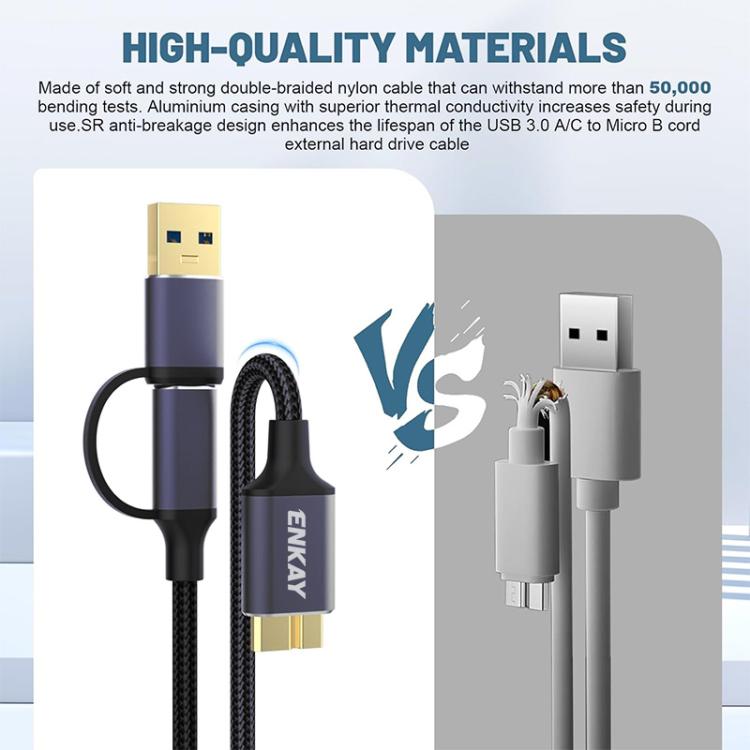 Cavo dati ENKAY 2 in 1 da USB 3.0 / Type-C a USB 3.0 Micro-B 5 Gbps per fotocamera e hard disk, 0.5m, 1m, 1.5m, 0.25m