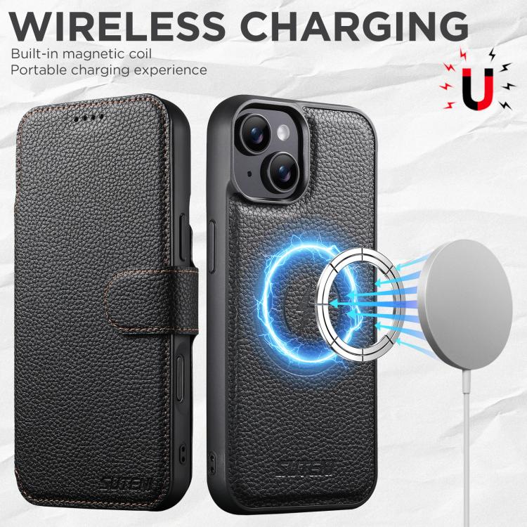 Suteni Q05 - Portafoglio multifunzione MagSafe in 1 - Custodia per telefono in pelle Big Litchi con motivo a litchi, For iPhone 14, For iPhone 14 Pro, For iPhone 14 Pro Max, For iPhone 13 Pro Max, For iPhone 13 Pro, For iPhone 13