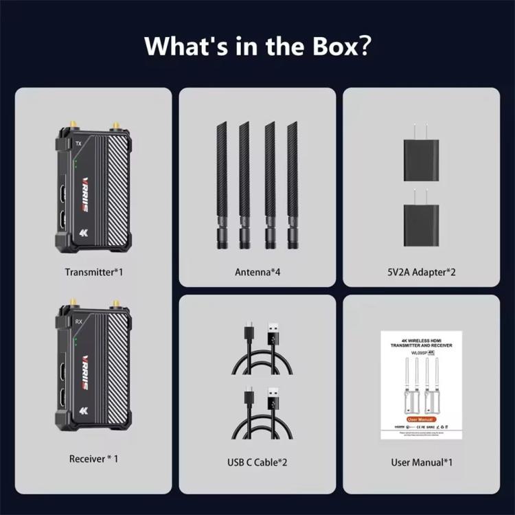 VRRIIS WL095 P Long Range Dual Band Low Latency 4K Ultra HD Wireless Transmitter Receiver Kit, US Plug, EU Plug, UK Plug, AU Plug