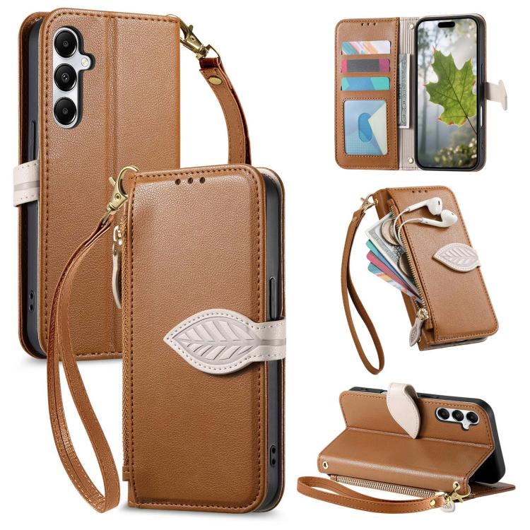 Portafoglio in pelle con cerniera e fibbia a foglia, custodia per telefono con cinturino, For Samsung Galaxy A14, For Samsung Galaxy A13