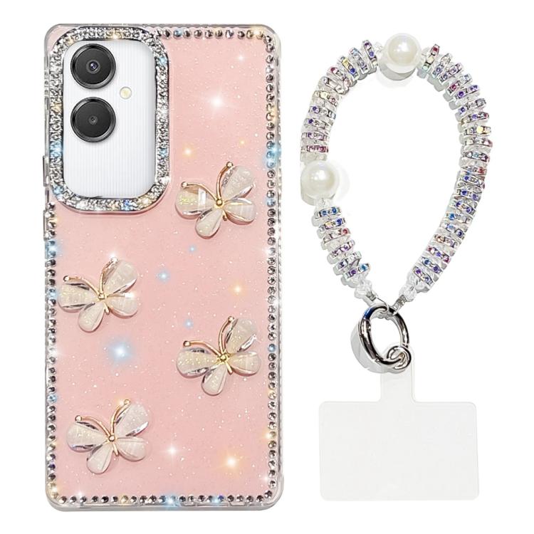 Custodia per telefono antiurto a quattro angoli con catena da mano a farfalla 3D con strass glitterati., For Samsung Galaxy A07 5G, For Samsung Galaxy A17 5G, For Samsung Galaxy A56 5G, For Samsung Galaxy A26 5G