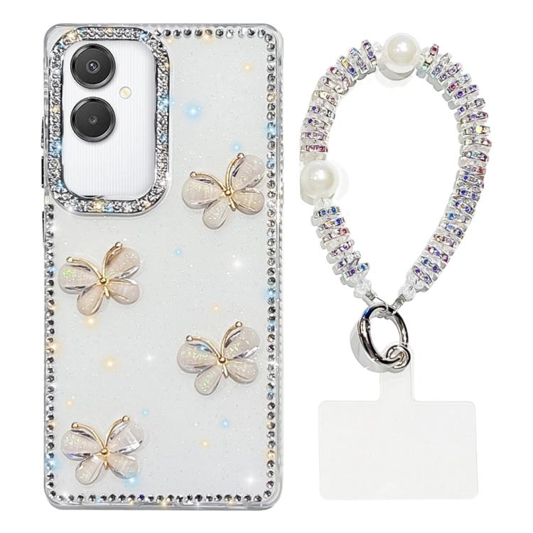 Custodia per telefono antiurto a quattro angoli con catena da mano a farfalla 3D con strass glitterati., For Samsung Galaxy A07 5G, For Samsung Galaxy A17 5G, For Samsung Galaxy A56 5G, For Samsung Galaxy A26 5G