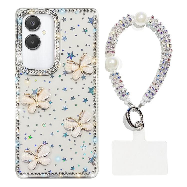 Custodia per telefono antiurto a quattro angoli con catena da mano a farfalla 3D con strass glitterati., For Samsung Galaxy A07 5G, For Samsung Galaxy A17 5G, For Samsung Galaxy A56 5G, For Samsung Galaxy A26 5G