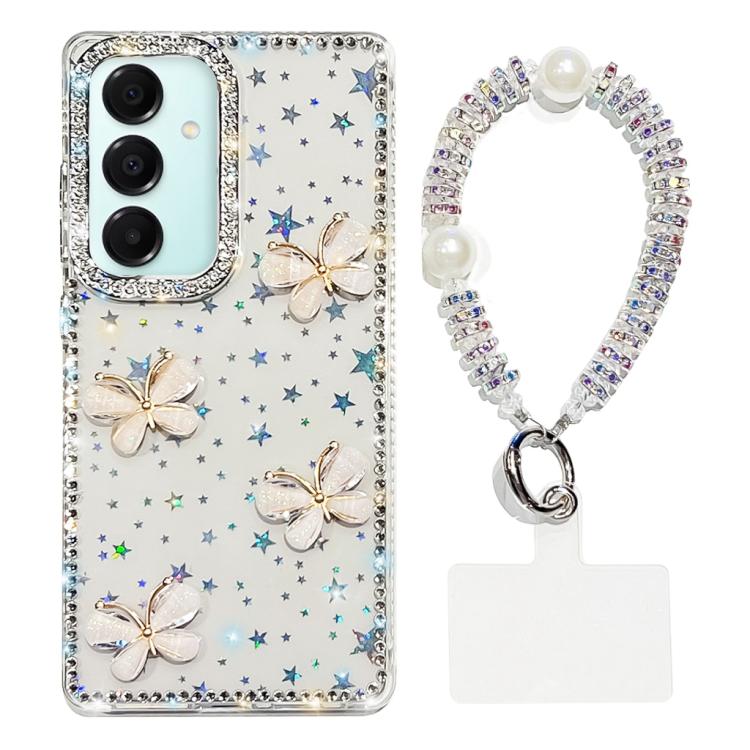 Custodia per telefono antiurto a quattro angoli con catena da mano a farfalla 3D con strass glitterati., For Samsung Galaxy A07 5G, For Samsung Galaxy A17 5G, For Samsung Galaxy A56 5G, For Samsung Galaxy A26 5G