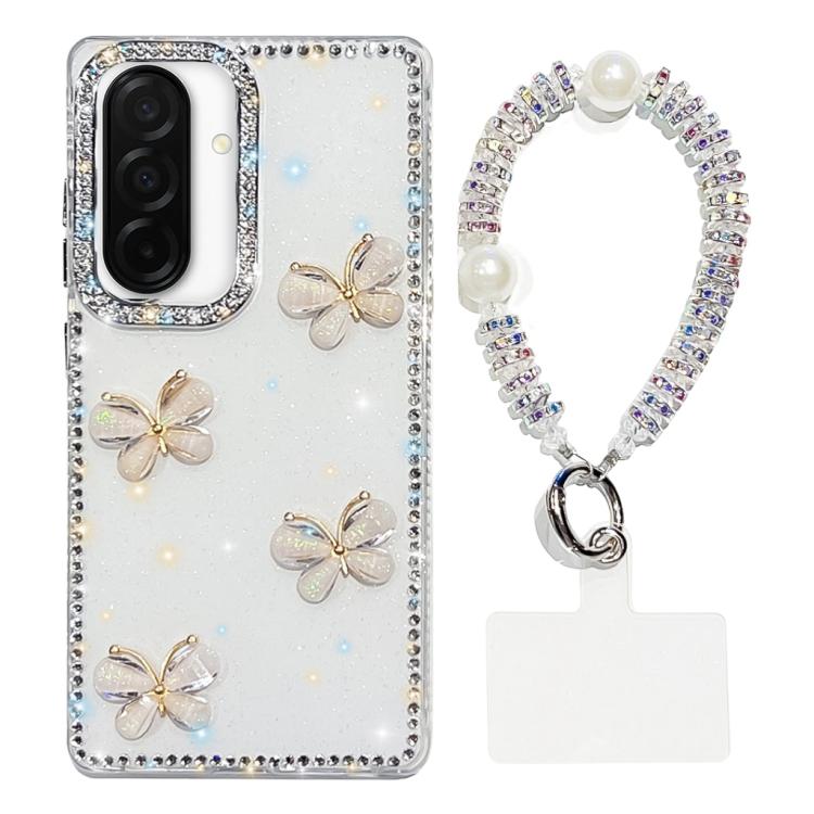 Custodia per telefono antiurto a quattro angoli con catena da mano a farfalla 3D con strass glitterati., For Samsung Galaxy A07 5G, For Samsung Galaxy A17 5G, For Samsung Galaxy A56 5G, For Samsung Galaxy A26 5G