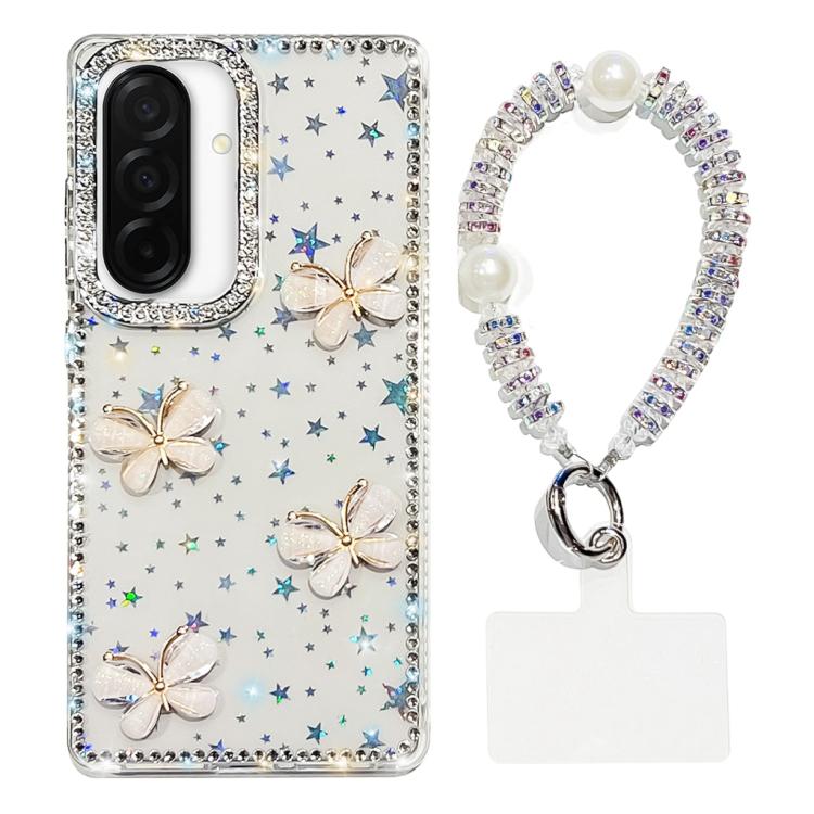 Custodia per telefono antiurto a quattro angoli con catena da mano a farfalla 3D con strass glitterati., For Samsung Galaxy A07 5G, For Samsung Galaxy A17 5G, For Samsung Galaxy A56 5G, For Samsung Galaxy A26 5G