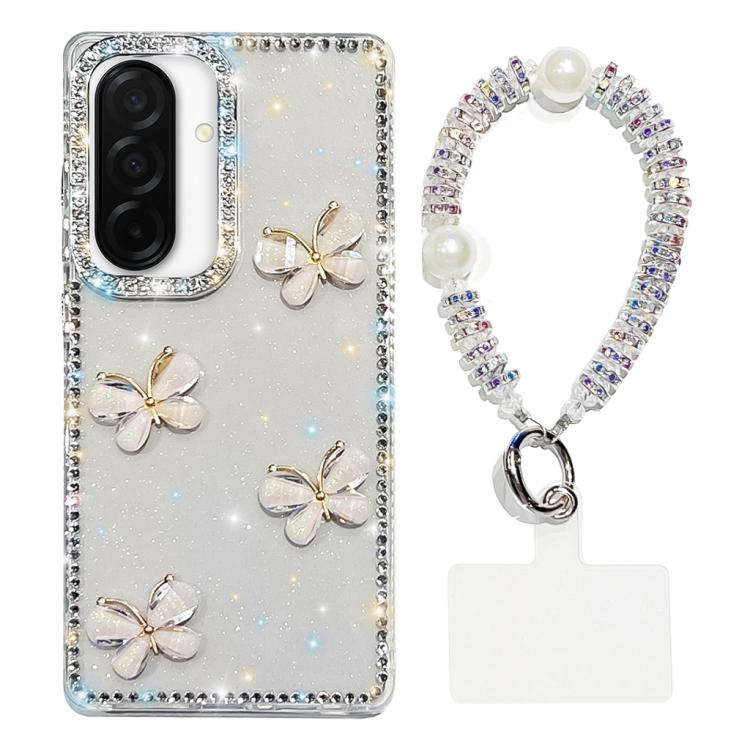 Custodia per telefono antiurto a quattro angoli con catena da mano a farfalla 3D con strass glitterati., For Samsung Galaxy A07 5G, For Samsung Galaxy A17 5G, For Samsung Galaxy A56 5G, For Samsung Galaxy A26 5G