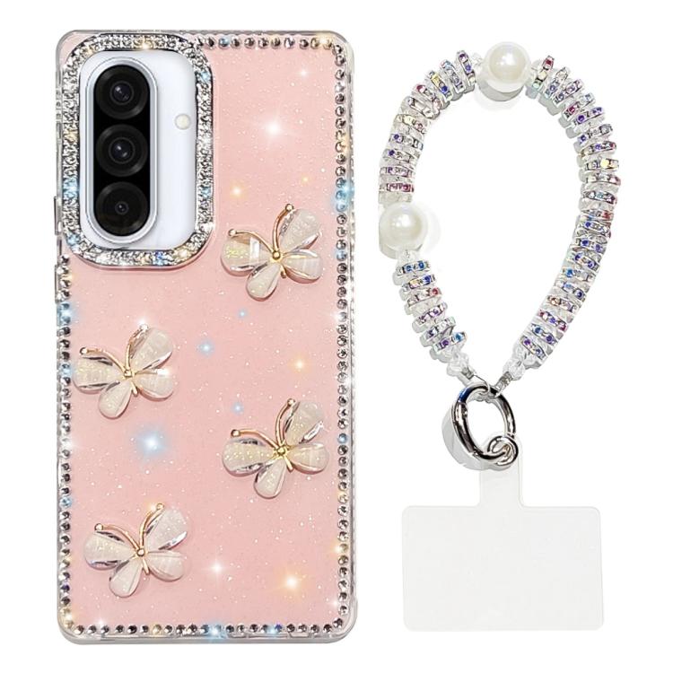 Custodia per telefono antiurto a quattro angoli con catena da mano a farfalla 3D con strass glitterati., For Samsung Galaxy A36 5G, For Samsung Galaxy S25 5G, For Samsung Galaxy S25+ 5G, For Samsung Galaxy S25 Ultra 5G