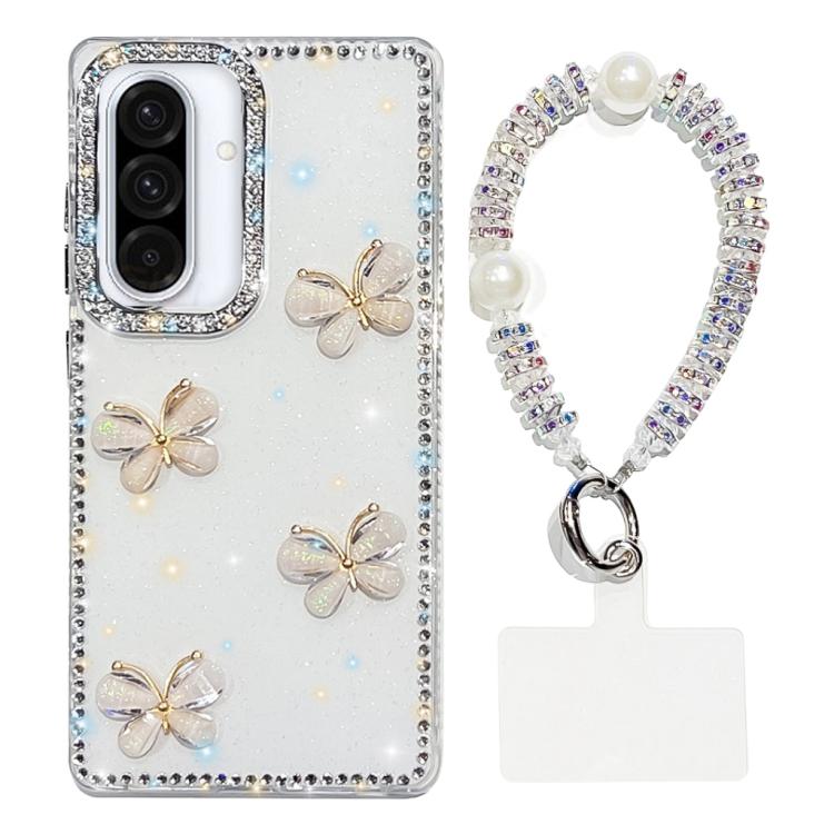 Custodia per telefono antiurto a quattro angoli con catena da mano a farfalla 3D con strass glitterati., For Samsung Galaxy A36 5G, For Samsung Galaxy S25 5G, For Samsung Galaxy S25+ 5G, For Samsung Galaxy S25 Ultra 5G