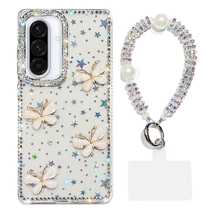 Custodia per telefono antiurto a quattro angoli con catena da mano a farfalla 3D con strass glitterati., For Samsung Galaxy A36 5G, For Samsung Galaxy S25 5G, For Samsung Galaxy S25+ 5G, For Samsung Galaxy S25 Ultra 5G