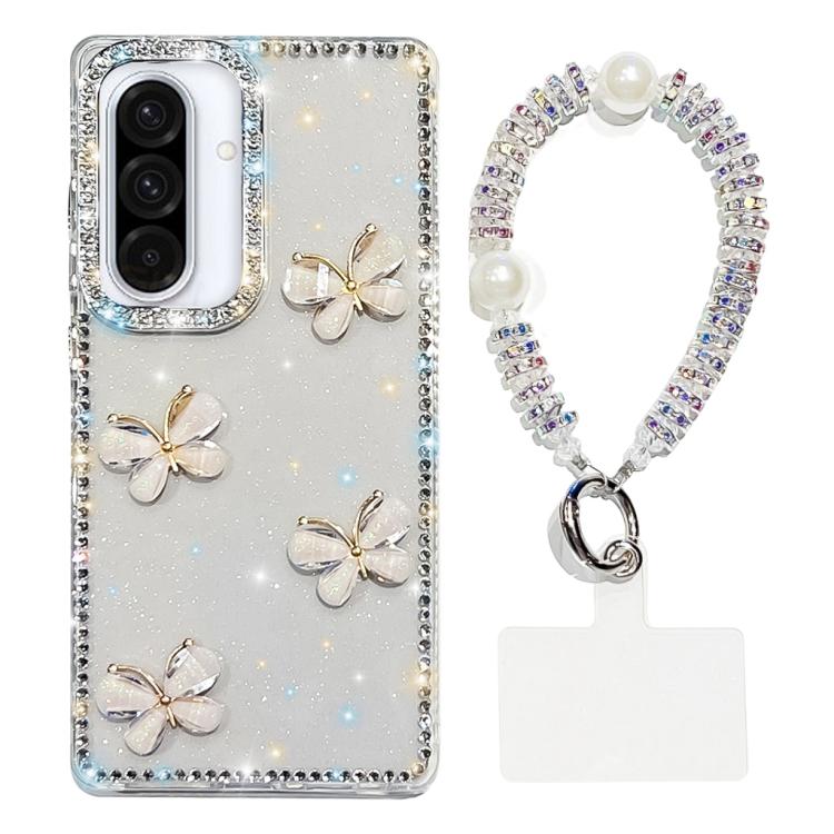 Custodia per telefono antiurto a quattro angoli con catena da mano a farfalla 3D con strass glitterati., For Samsung Galaxy A36 5G, For Samsung Galaxy S25 5G, For Samsung Galaxy S25+ 5G, For Samsung Galaxy S25 Ultra 5G