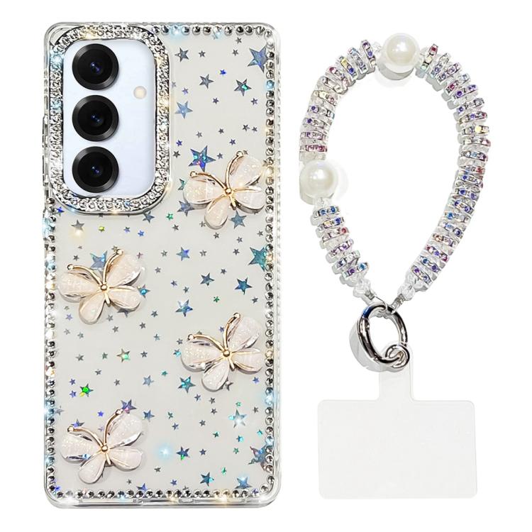 Custodia per telefono antiurto a quattro angoli con catena da mano a farfalla 3D con strass glitterati., For Samsung Galaxy A36 5G, For Samsung Galaxy S25 5G, For Samsung Galaxy S25+ 5G, For Samsung Galaxy S25 Ultra 5G
