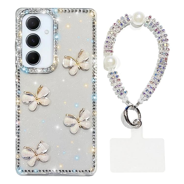 Custodia per telefono antiurto a quattro angoli con catena da mano a farfalla 3D con strass glitterati., For Samsung Galaxy A36 5G, For Samsung Galaxy S25 5G, For Samsung Galaxy S25+ 5G, For Samsung Galaxy S25 Ultra 5G
