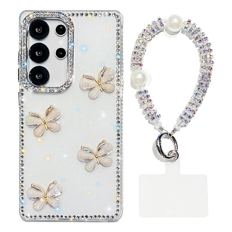 Custodia per telefono antiurto a quattro angoli con catena da mano a farfalla 3D con strass glitterati., For Samsung Galaxy A36 5G, For Samsung Galaxy S25 5G, For Samsung Galaxy S25+ 5G, For Samsung Galaxy S25 Ultra 5G