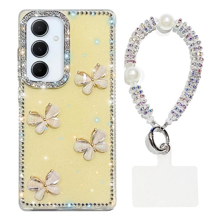 Custodia per telefono antiurto a quattro angoli con catena da mano a farfalla 3D con strass glitterati., For Samsung Galaxy A16 5G, For Samsung Galaxy S24 FE 5G, For Samsung Galaxy A15 5G, For Samsung Galaxy A55 5G