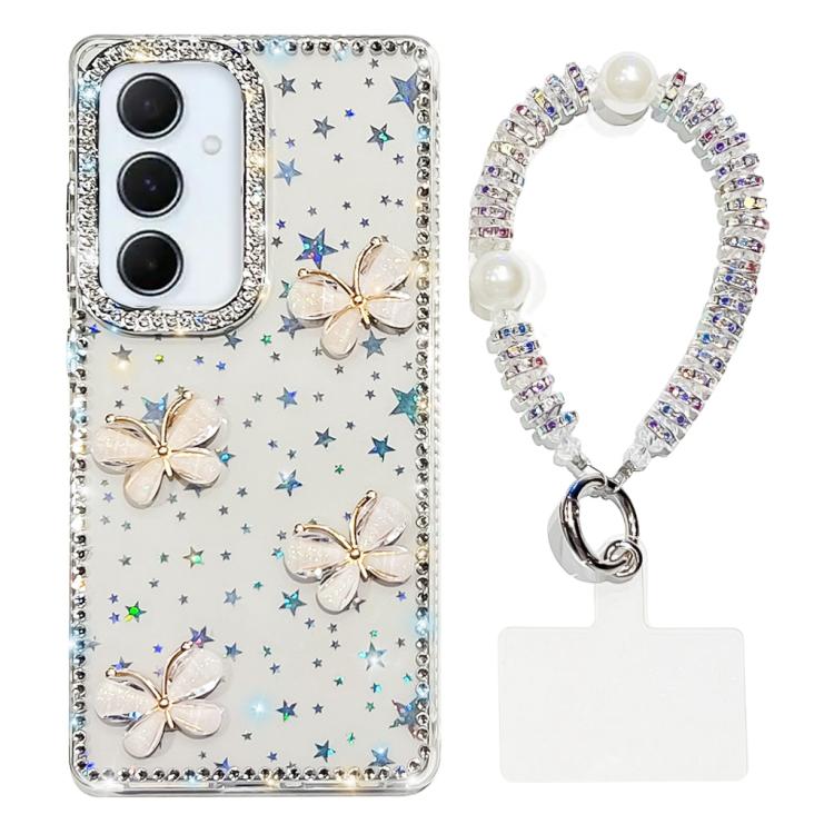 Custodia per telefono antiurto a quattro angoli con catena da mano a farfalla 3D con strass glitterati., For Samsung Galaxy A16 5G, For Samsung Galaxy S24 FE 5G, For Samsung Galaxy A15 5G, For Samsung Galaxy A55 5G
