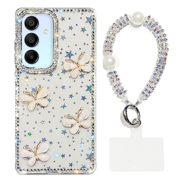 Custodia per telefono antiurto a quattro angoli con catena da mano a farfalla 3D con strass glitterati., For Samsung Galaxy A16 5G, For Samsung Galaxy S24 FE 5G, For Samsung Galaxy A15 5G, For Samsung Galaxy A55 5G