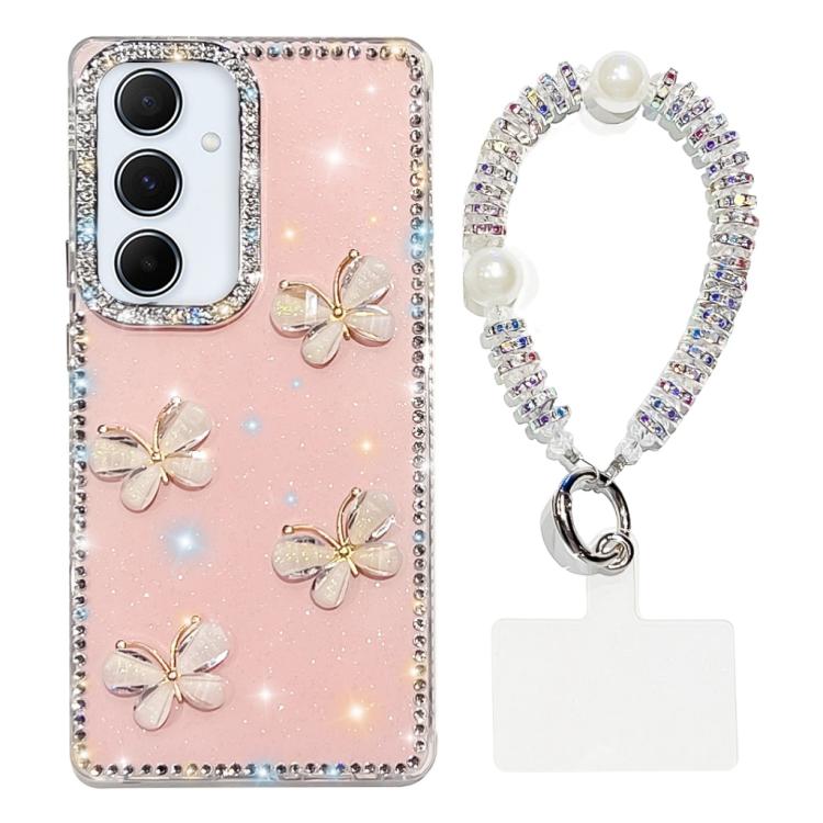 Custodia per telefono antiurto a quattro angoli con catena da mano a farfalla 3D con strass glitterati., For Samsung Galaxy A16 5G, For Samsung Galaxy S24 FE 5G, For Samsung Galaxy A15 5G, For Samsung Galaxy A55 5G