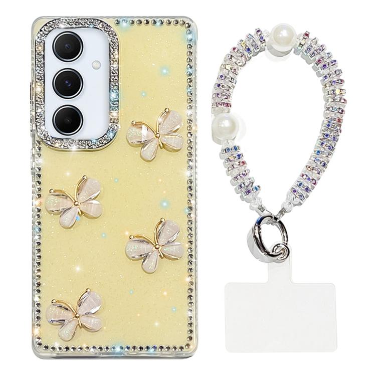 Custodia per telefono antiurto a quattro angoli con catena da mano a farfalla 3D con strass glitterati., For Samsung Galaxy A16 5G, For Samsung Galaxy S24 FE 5G, For Samsung Galaxy A15 5G, For Samsung Galaxy A55 5G